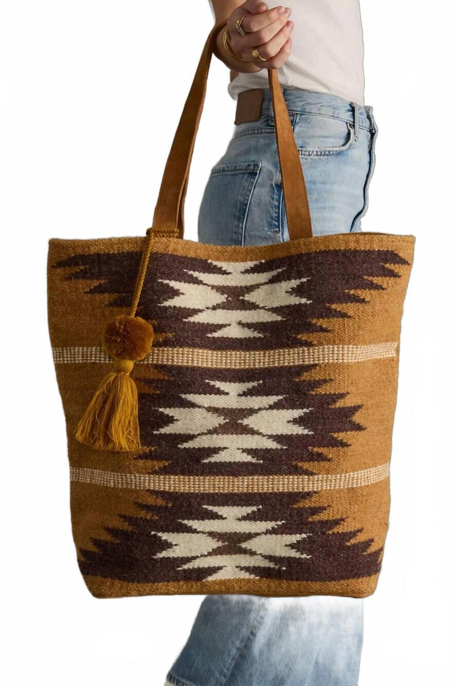 NEW PANACHE women's boho pom tassel tote bag in tan, brown & cream